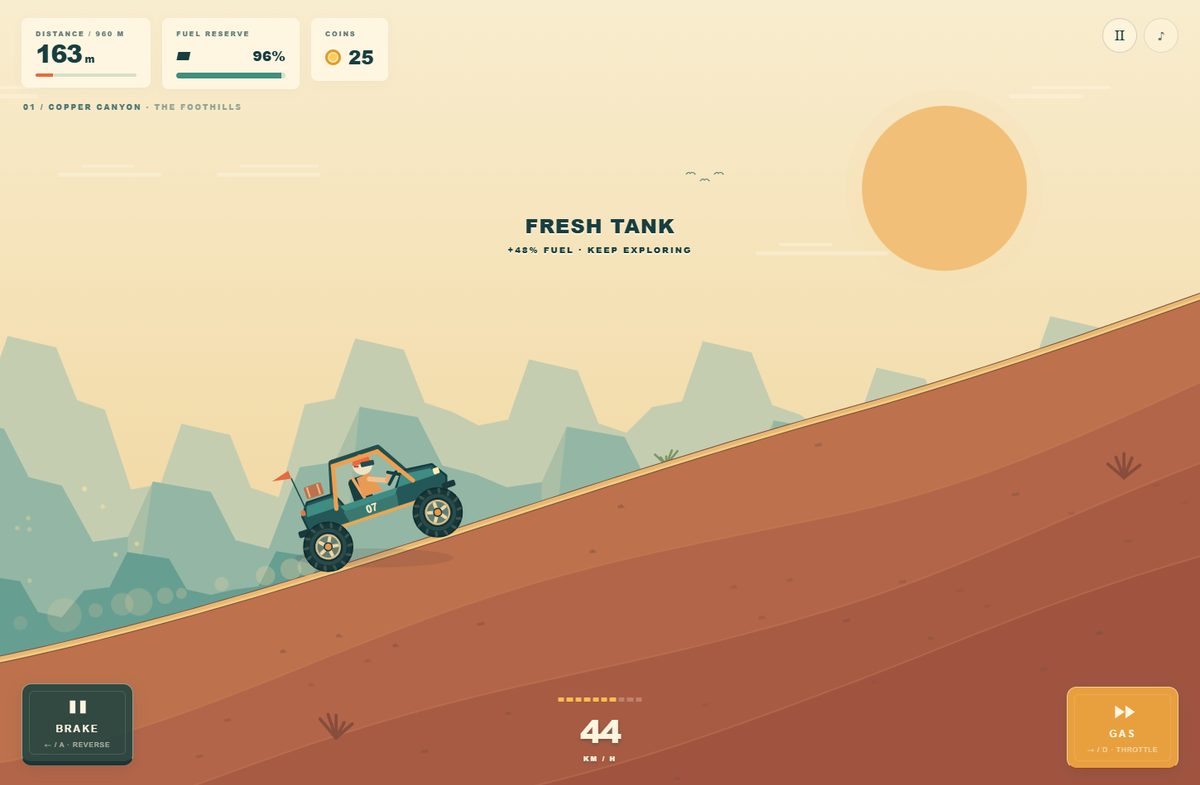 Ridgeline in play: a teal buggy climbing a sand-coloured ridge, with distance, fuel and coin readouts across the top and brake and gas pedals at the bottom corners