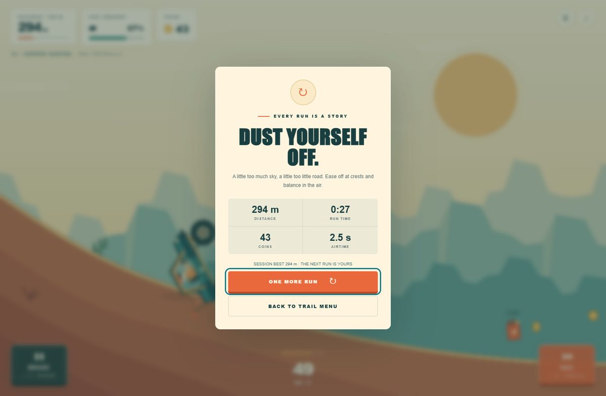 Ridgeline end-of-run panel reading Dust Yourself Off, with distance 294 metres, run time 26 seconds, 43 coins and 2.5 seconds of airtime