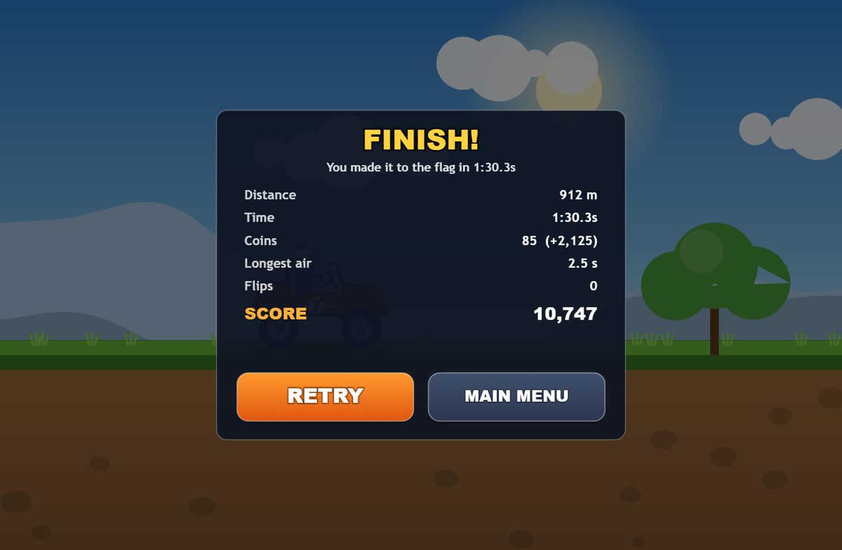 Ridge Runner finish panel: 912 metres, 1 minute 30 seconds, 85 coins, longest air 2.5 seconds, no flips, score 10,747