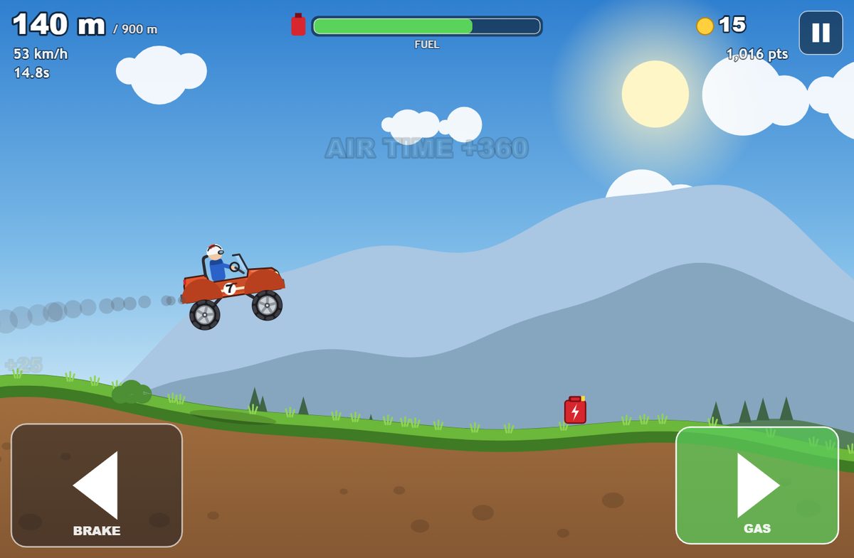 Ridge Runner in play: an orange jeep airborne over a green hill under a blue sky, with an air time bonus counting up and a fuel can waiting on the ground ahead