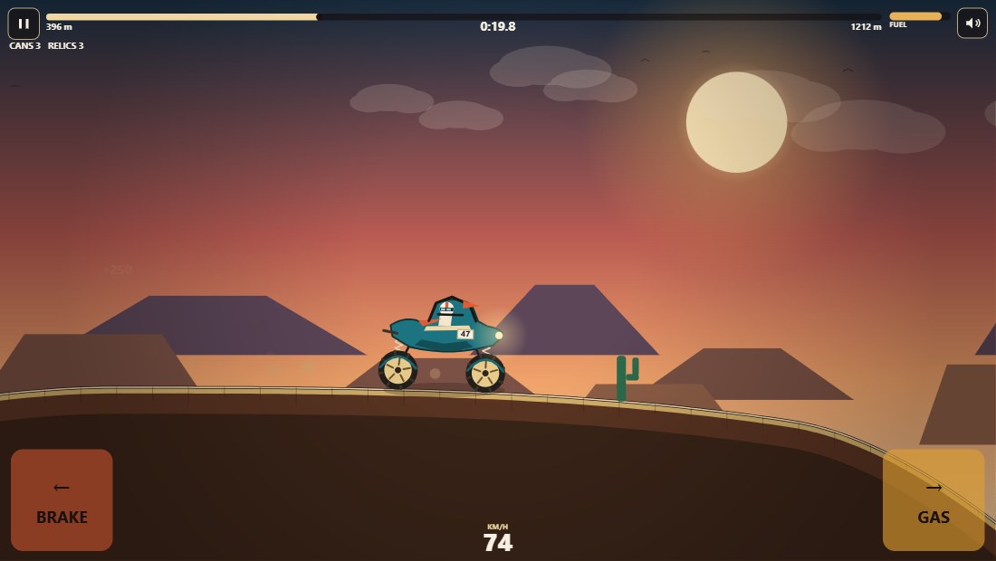 Switchback in play: a teal buggy numbered 47 driving across nearly flat brown ground at dusk, with flat purple trapezoid mesas floating in the background, a cactus, a distance bar along the top and large brake and gas pedals