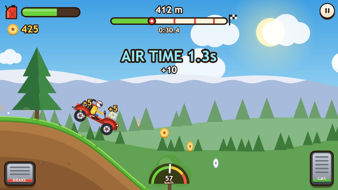 Hill Hopper in play: a red buggy with a helmeted driver airborne off a grassy kicker, an AIR TIME 1.3s bonus banner overhead, a trail of gold coins arcing ahead of it, a fuel gauge and coin counter top left, a progress bar and timer top centre and a speedometer at the bottom