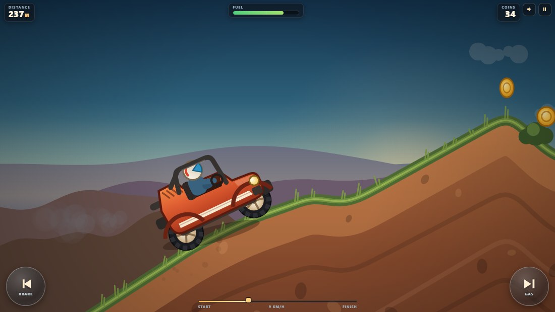 Ridge Runner in play: an orange jeep climbing a steep dirt ridge at dusk, with a fuel bar across the top, a coin counter, two gold coins waiting further up the slope, and brake and gas pedals in the bottom corners
