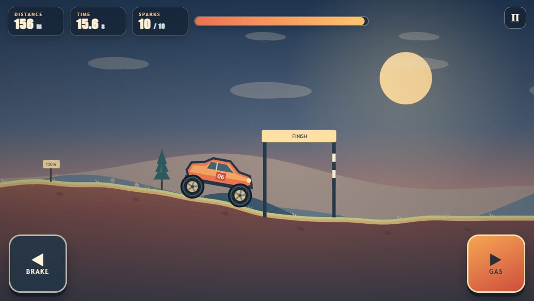 Ridge Runner in play: an orange hatchback numbered 06 on oversized wheels driving over brown rolling hills at sunset, with a finish gate just ahead, a pale sun and three dark ridges behind, and a HUD reading 156 metres, 15.6 seconds and 10 of 10 sparks