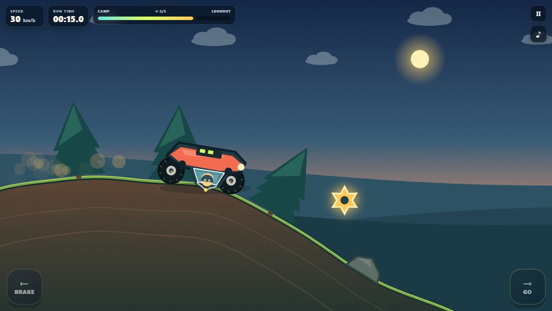 Ridgeline Runner in play: an orange rover with a light blue cab slung low between its wheels, climbing a grassy ridge at night past pine trees, with a gold star badge ahead and a speed and run-time readout top left