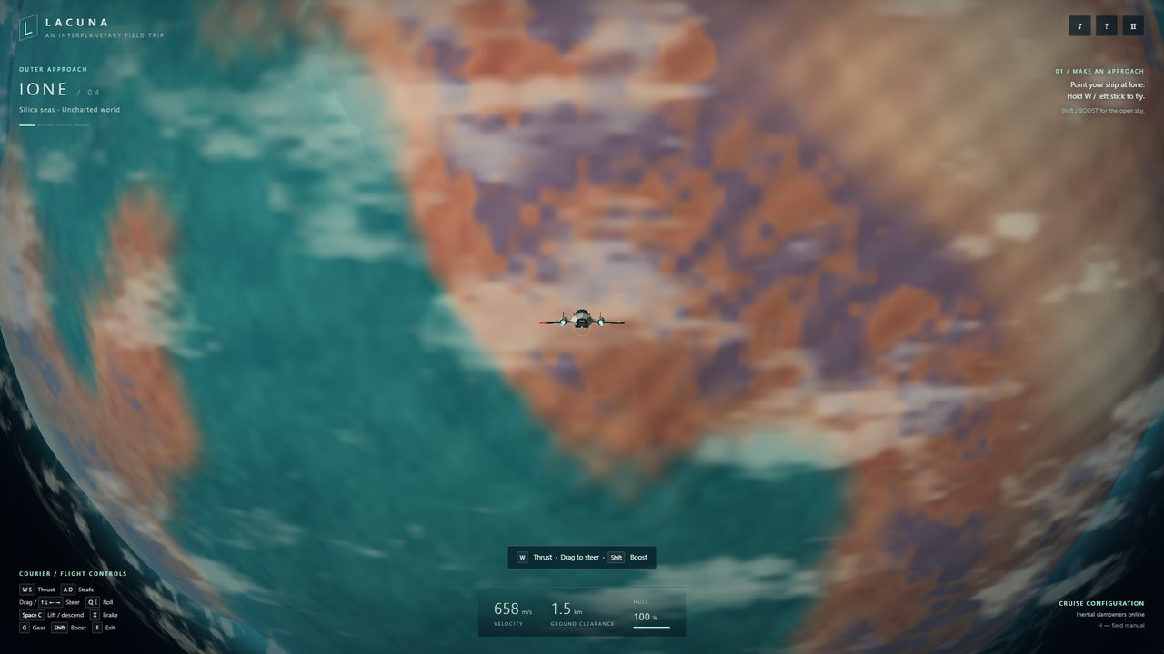 The ship small against the onrushing surface of the planet, rust and teal ground filling the frame