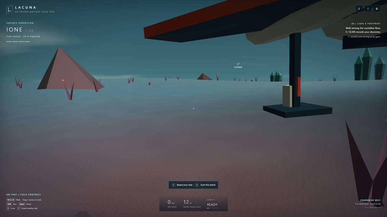 First-person view on the plain: the underside of the ship’s wing and a landing leg overhead, a pyramid and crystal spires on the horizon
