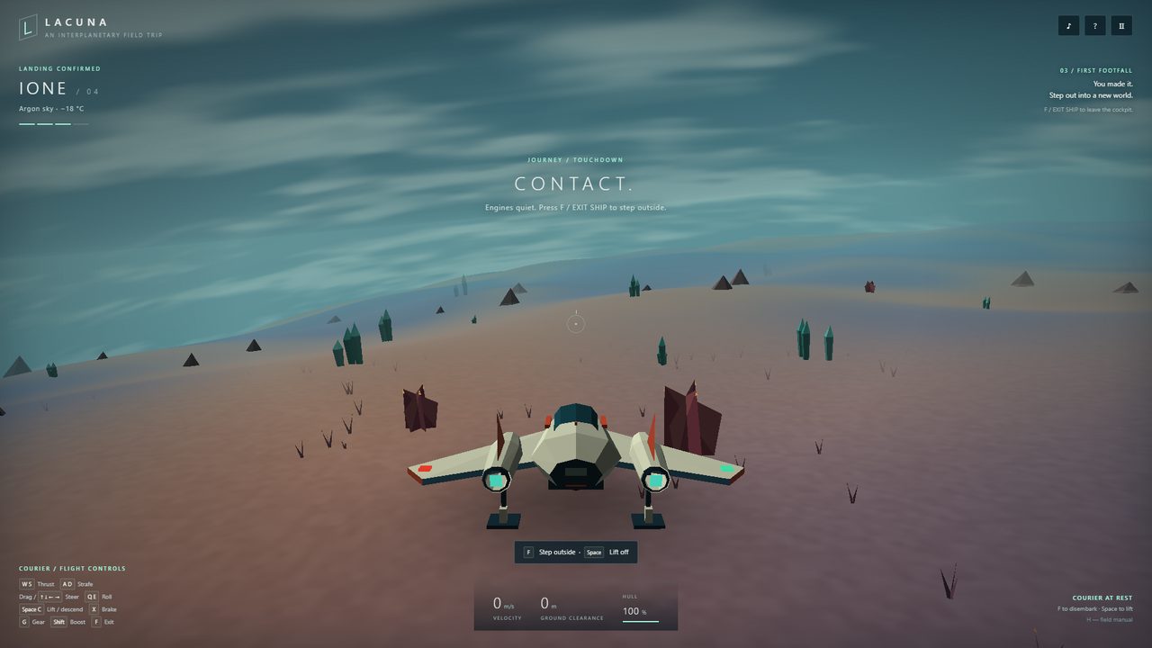 The ship landed on a pale mauve plain scattered with dark crystal spires and small pyramids, under a hazy teal sky, with CONTACT written across the top of the screen