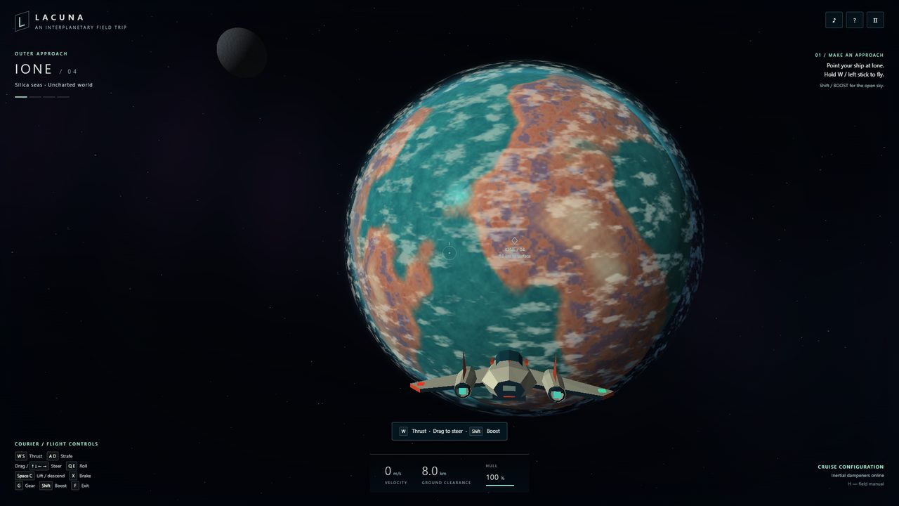 Lacuna’s opening: a pale ship with two glowing teal engines in front of a round planet patterned in rust, mauve and teal