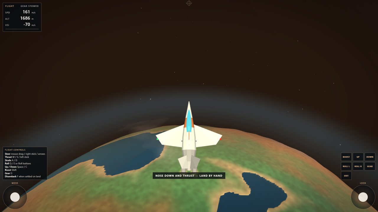 The ship above the curved horizon of the planet with a brown haze of atmosphere around it