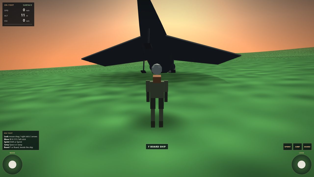 The pilot standing in third person on green ground, the ship a dark silhouette behind against an orange sky