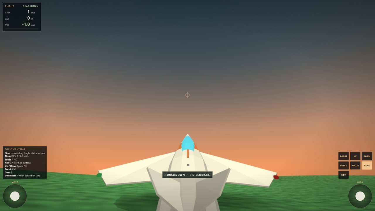 The white ship landed on flat green ground under an orange sunset sky, a touchdown message on screen