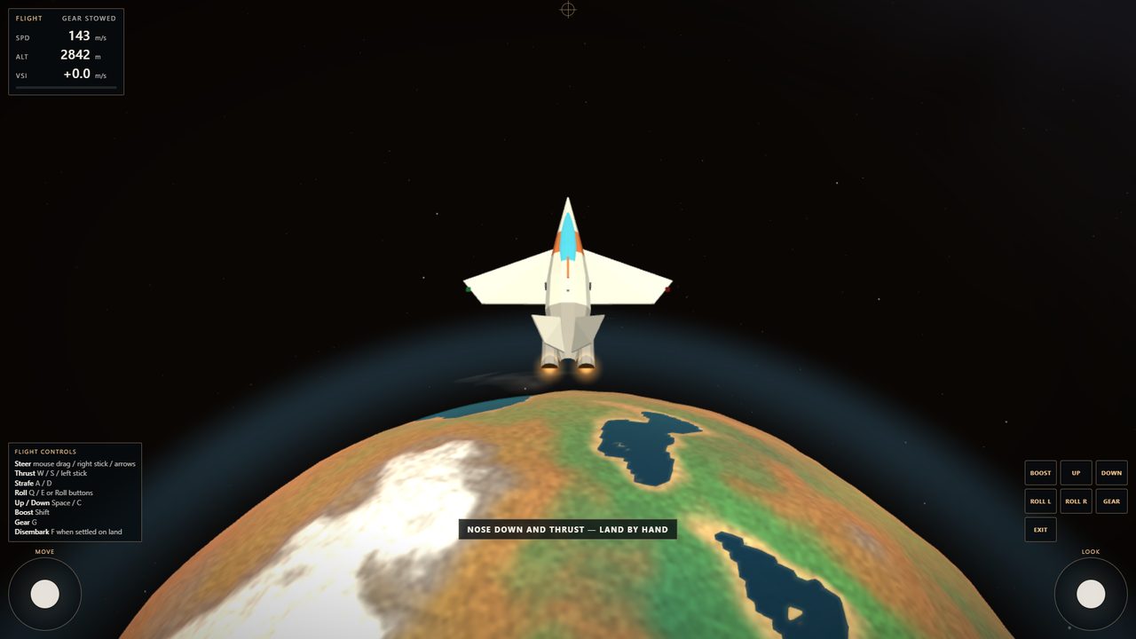 Aphelion at the start: a white delta-winged ship with a cyan canopy seen from behind, above a planet of green and ochre land with dark blue lakes, a flight readout and a controls list on screen