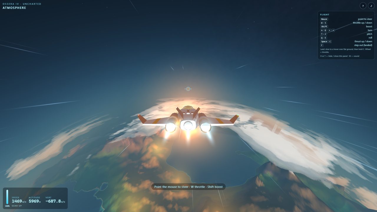 The ship diving toward a curved horizon of white cloud and green land, its nose wrapped in an orange glow of heat