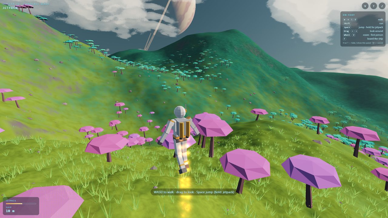 The white-suited pilot flying low over a meadow of pink-canopied trees on a jetpack, a green ridge and clouds behind
