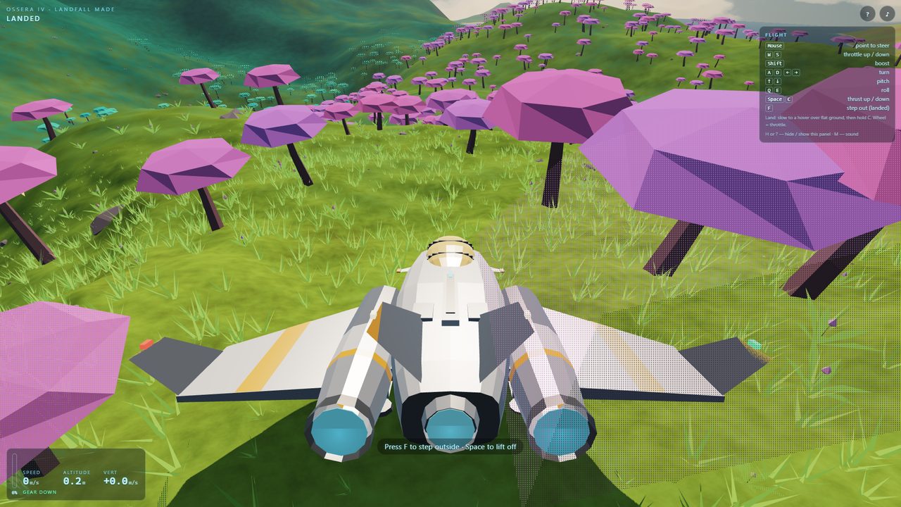 The ship landed on a green hillside among trees with flat pink canopies, seen from behind, with its three blue engines glowing
