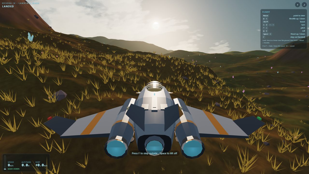 The ship landed on golden grassland with the sun low ahead of it, the light raking across the grass and hills