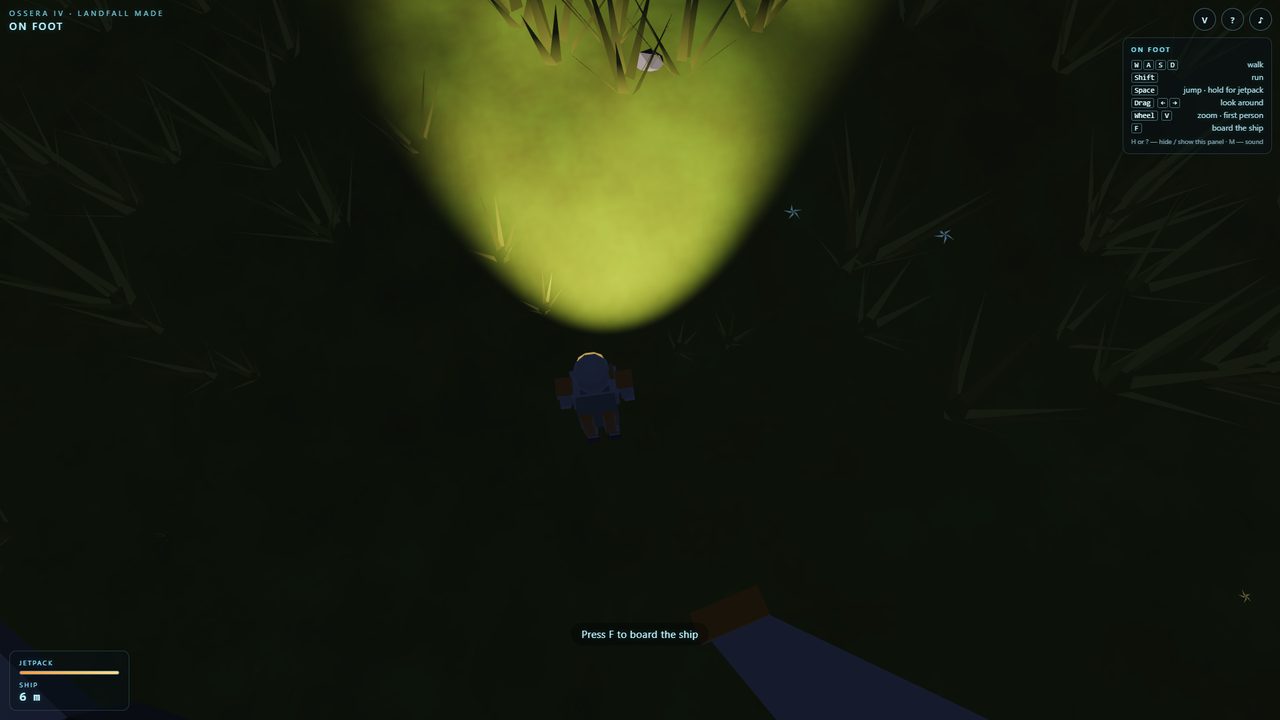 Night: the pilot standing in a pool of light thrown by the helmet lamp, everything else dark
