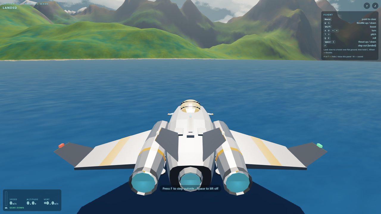 The ship floating on a calm blue sea at midday, green hills on the far shore