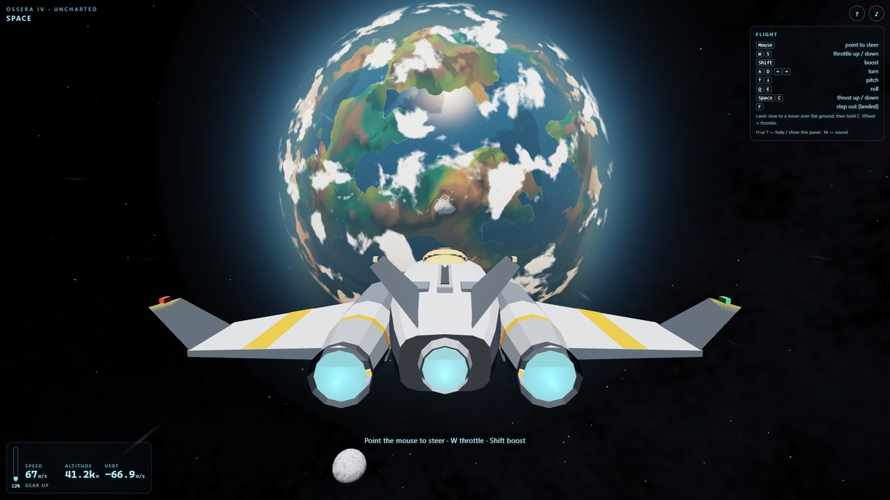 Landfall at the start: a white ship with yellow stripes and three glowing blue engines, seen from behind, with a cloud-covered blue and green planet ahead and a small grey moon below