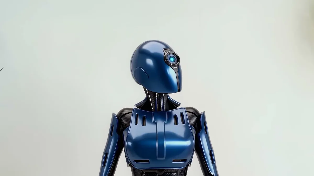 A blue humanoid robot generated in place of a person by Decart’s Lucy character-swap demo