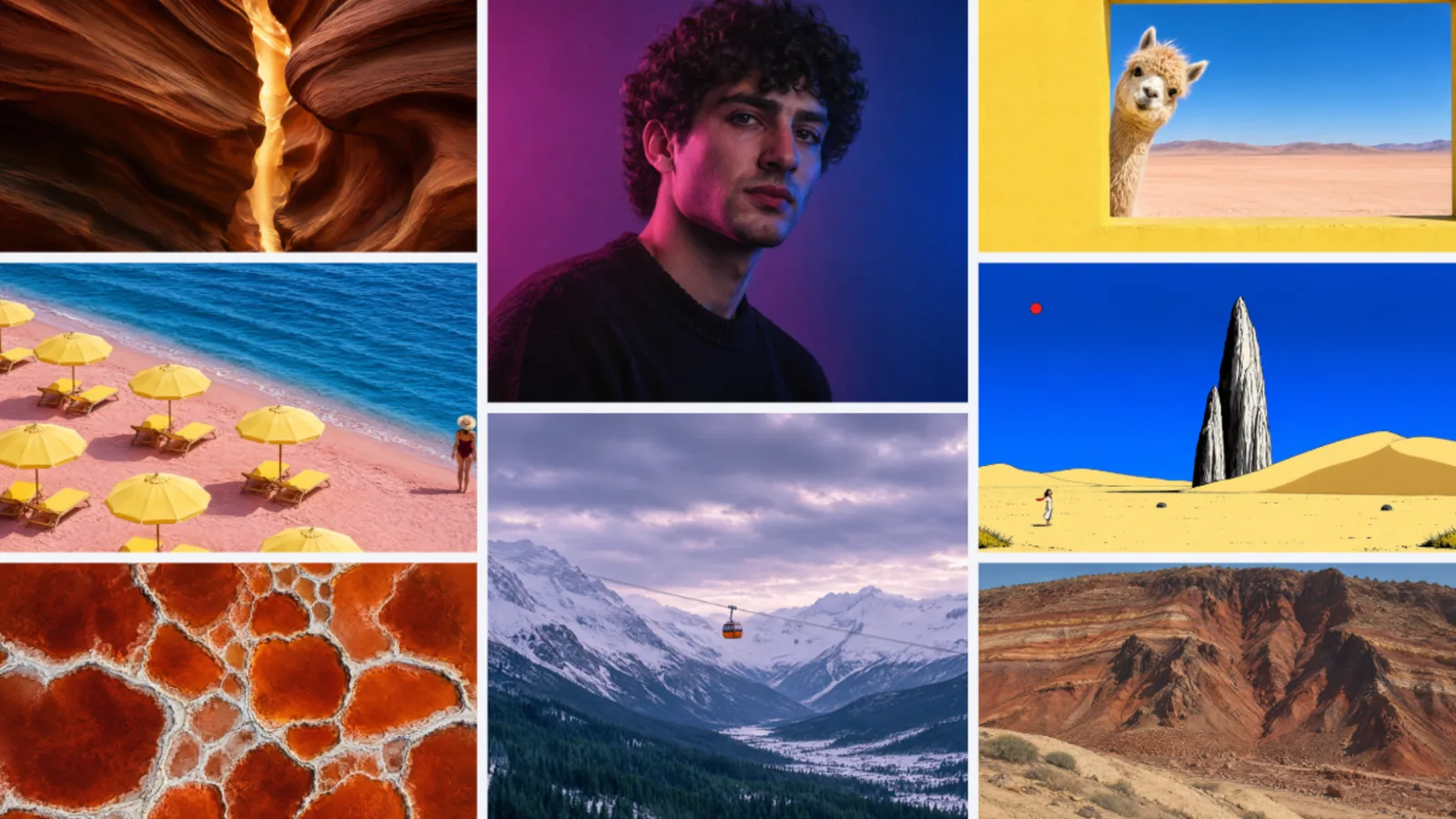 A collage of images generated by Canva Craft: a slot canyon, a portrait of a young man, an alpaca in a frame, beach umbrellas, a cable car over snowy mountains and desert rock formations