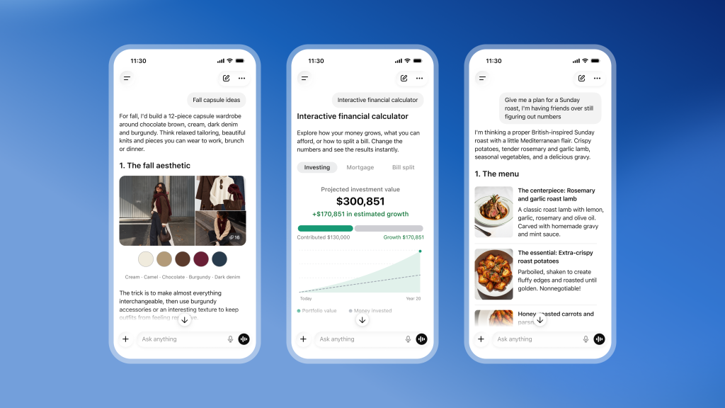 Three phone screens of ChatGPT with Intelligent UI: a fall wardrobe plan with photos and colour swatches, an interactive investment calculator with a growth chart, and a dinner menu with photos of each dish