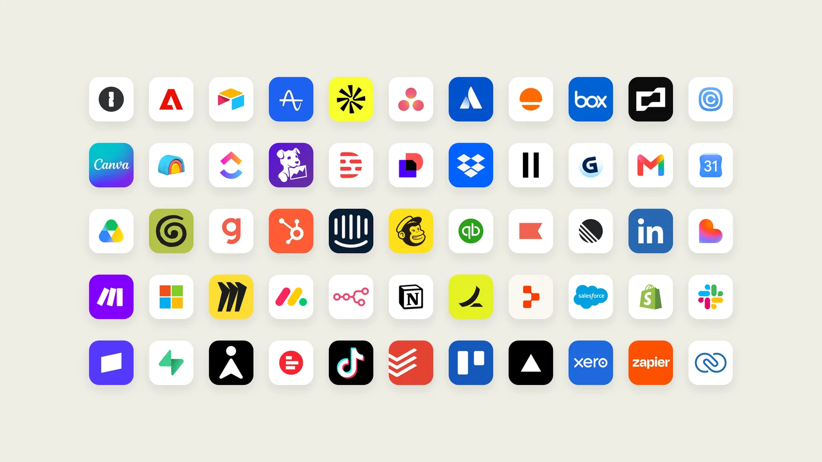 A grid of app logos including Gmail, Slack, Canva, HubSpot, QuickBooks, Shopify, Salesforce, Notion and Zapier