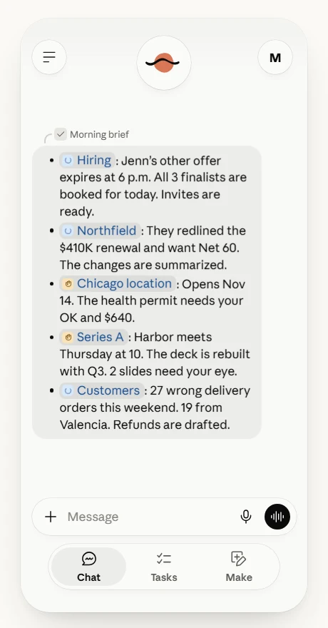 Claude Duet phone app showing a morning brief with five items: hiring, a contract renewal, a new location, a Series A meeting and customer refunds