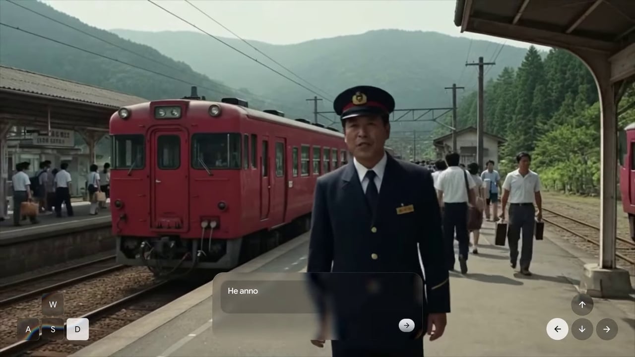A Genie 4 demo: a station master in uniform speaks on a platform beside a red train in a forested valley, with a dialogue box and keyboard controls on screen