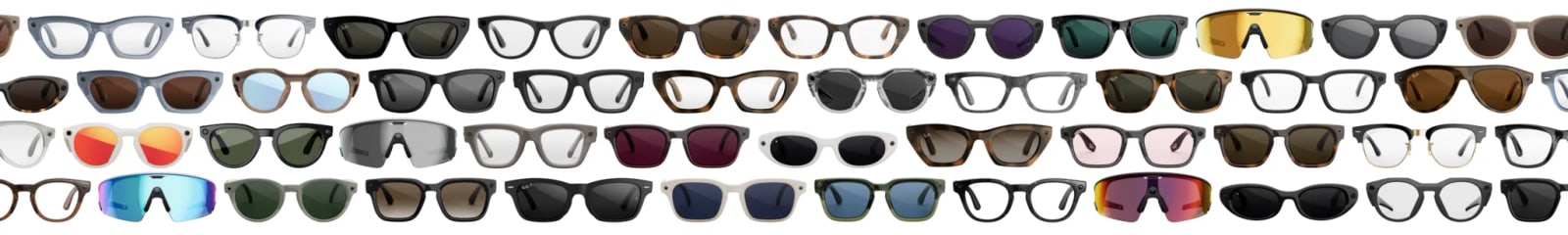Four rows of Meta AI glasses in dozens of frame shapes and lens colours, from clear frames to mirrored sport lenses