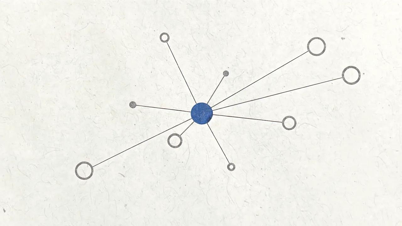 An animated diagram from Meta's launch film: a solid blue dot linked by thin lines to a ring of smaller grey circles of different sizes