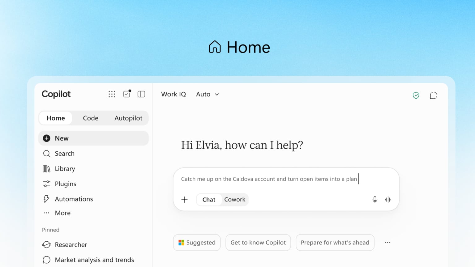 The Copilot Home tab, with a prompt box that switches between Chat and Cowork modes