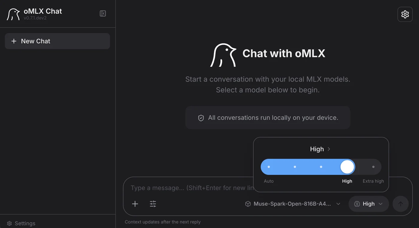 The oMLX Chat app on a Mac, dark interface, with Muse-Spark-Open-816B selected as the local model and the reasoning slider set to High