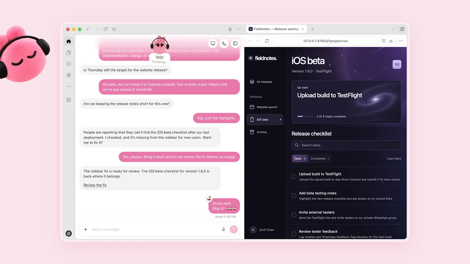 OpenAI's screenshot of a dot named Iggy in ChatGPT, fixing a missing checklist in an iOS beta release app and asking for review before merging