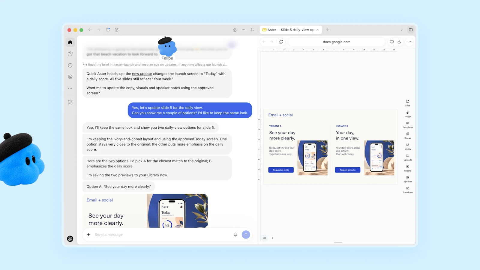 OpenAI's screenshot of a dot named Felipe in the ChatGPT app, updating a slide deck in Google Docs after a change to a product launch