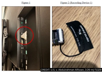 Two photos from the criminal complaint: on the left, the back of a television with a small object circled in red in its port panel; on the right, a small black circuit board connected by a thin wire to a flat black antenna printed with the Seeed Studio name